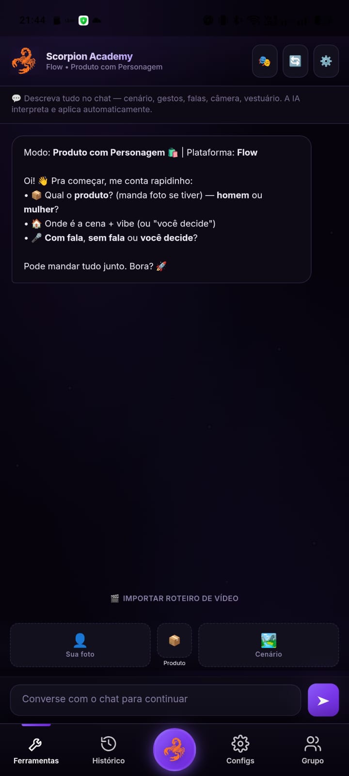 Aplicativo Android: Prompt por conversa da Scorpion Academy