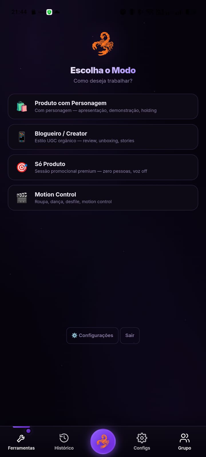 Aplicativo Android: Modo mobile da Scorpion Academy