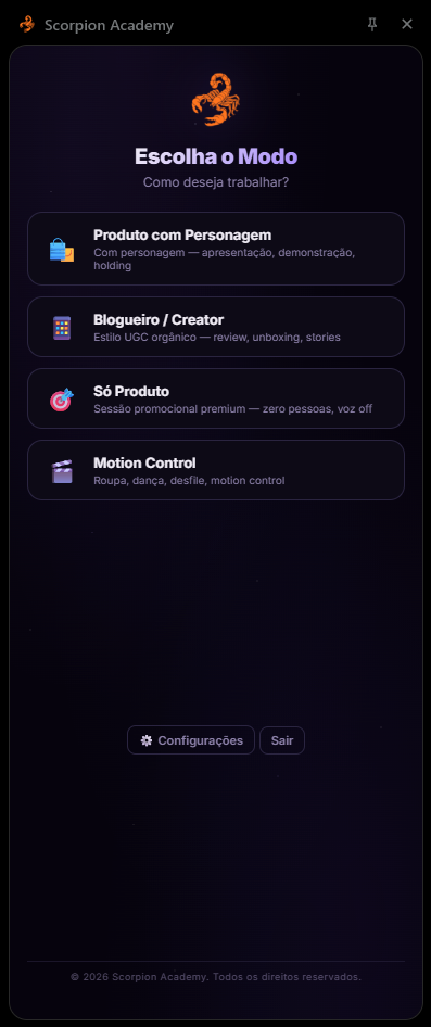 Extensão no navegador: Seleção de modo da Scorpion Academy